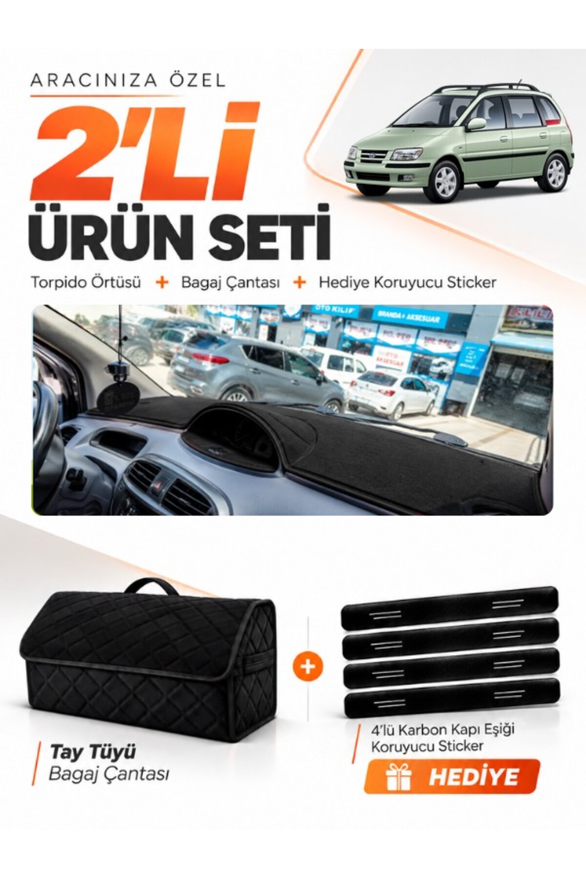 HYUNDAİ MATRİX (2001-2010) Uyumlu Torpido Örtüsü + Tay Tüyü Bagaj Çantası + Sticker Seti - HU024 Siyah