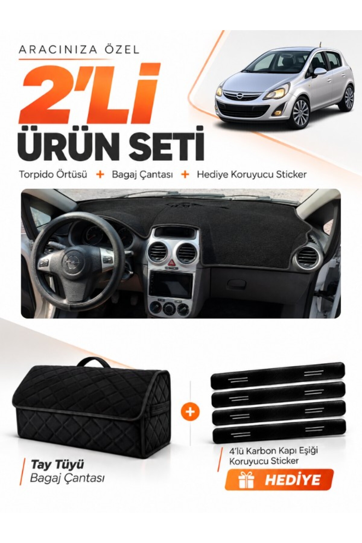 OPEL CORSA D (2006-2014) Uyumlu Torpido Örtüsü + Tay Tüyü Bagaj Çantası + Sticker Seti - OP008 Siyah