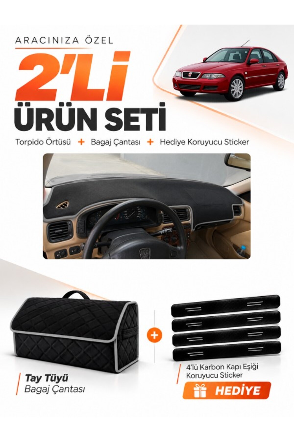 ROVER 45 (1999-2005) Uyumlu Torpido Örtüsü + Tay Tüyü Bagaj Çantası + Sticker Seti - RO002 Siyah-Gri