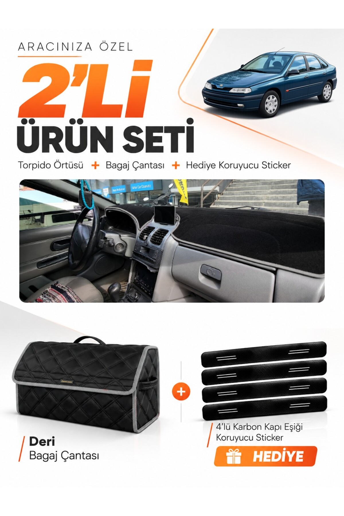 RENAULT LAGUNA 1 AIRBAGLİ (2000-2007) Uyumlu Torpido Örtüsü + Deri Bagaj Çantası Seti - RE032 Siyah-Gri