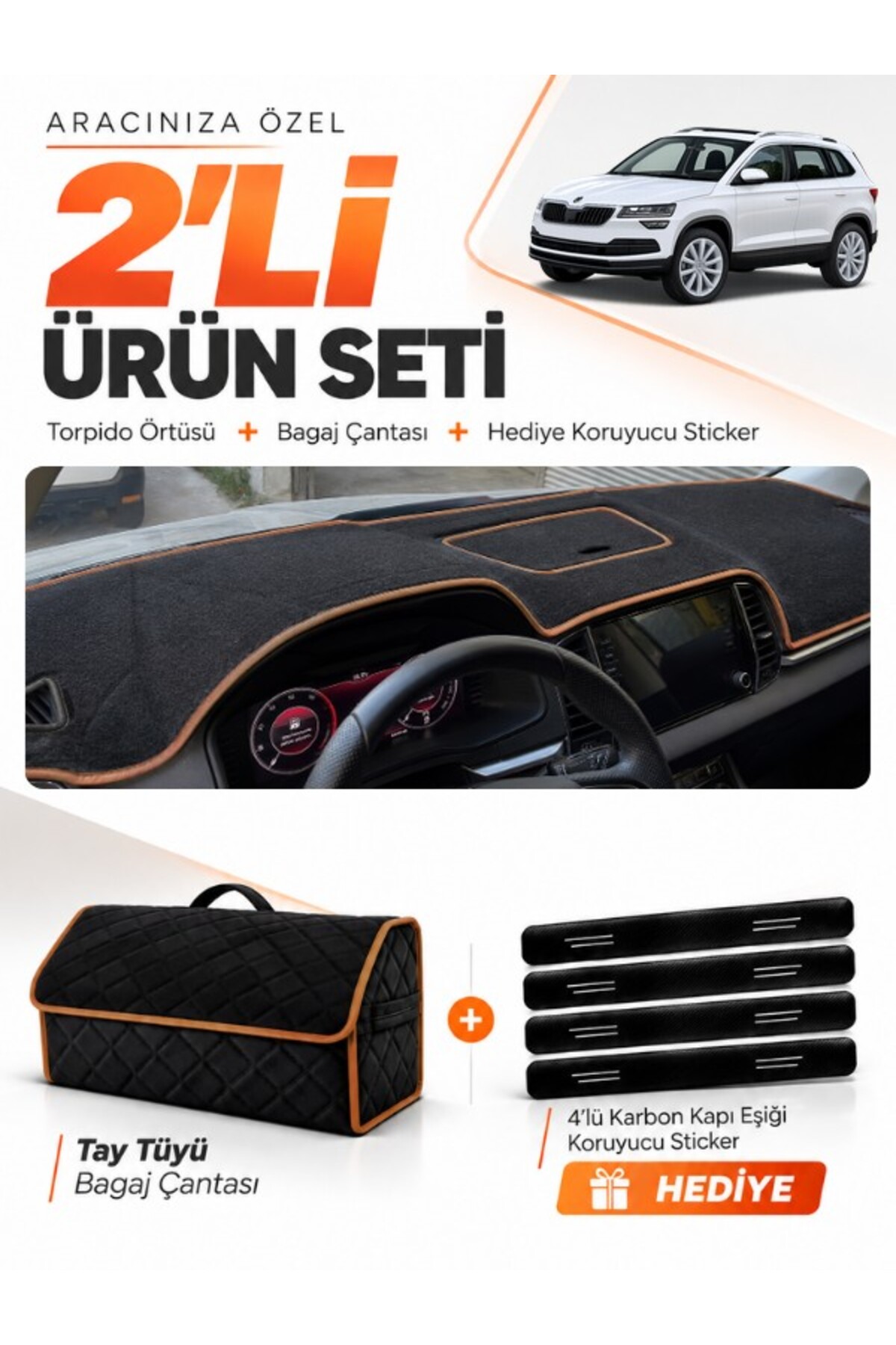 SKODA KAROQ (2017-2024) Uyumlu Torpido Örtüsü + Tay Tüyü Bagaj Çantası + Sticker Seti - SK004 Siyah-Kahverengi