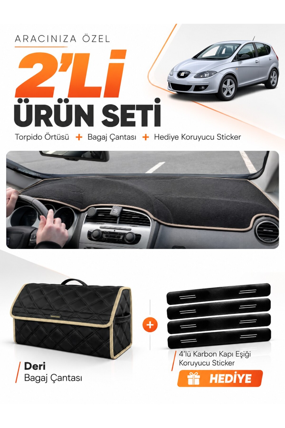 SEAT ALTEA (2010-2015) Uyumlu Torpido Örtüsü + Deri Bagaj Çantası + Sticker Seti - SE001 Siyah-Bej