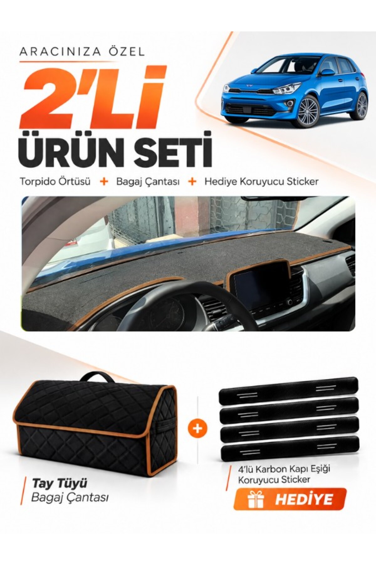 KİA RİO (2019-2024) Uyumlu Torpido Örtüsü + Tay Tüyü Bagaj Çantası + Sticker Seti - KI014