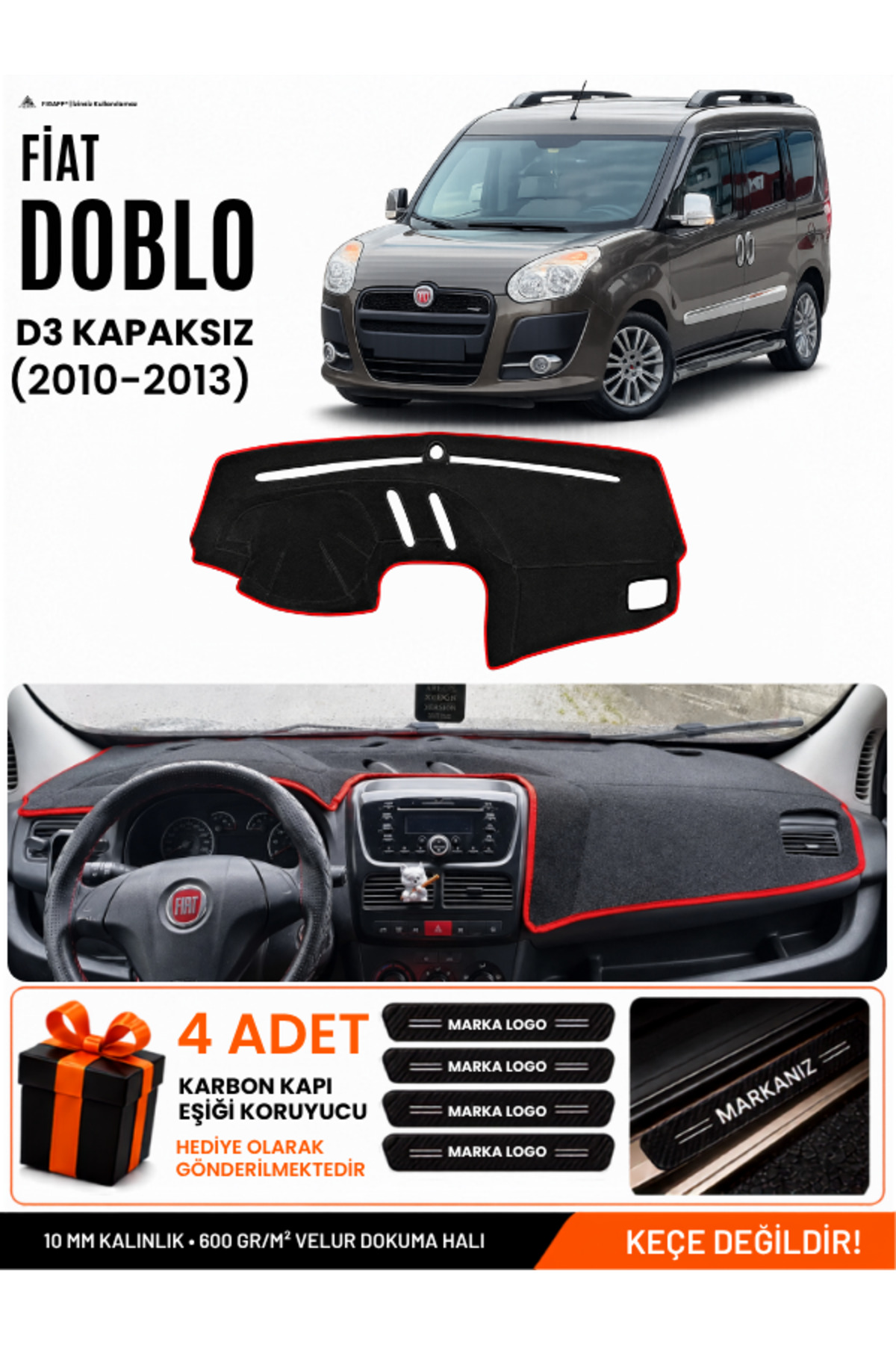 FIAT DOBLO D3 (2010-2013) KAPAKSIZ Uyumlu Torpido Örtüsü, Torpido Kılıfı Siyah-Kırmızı